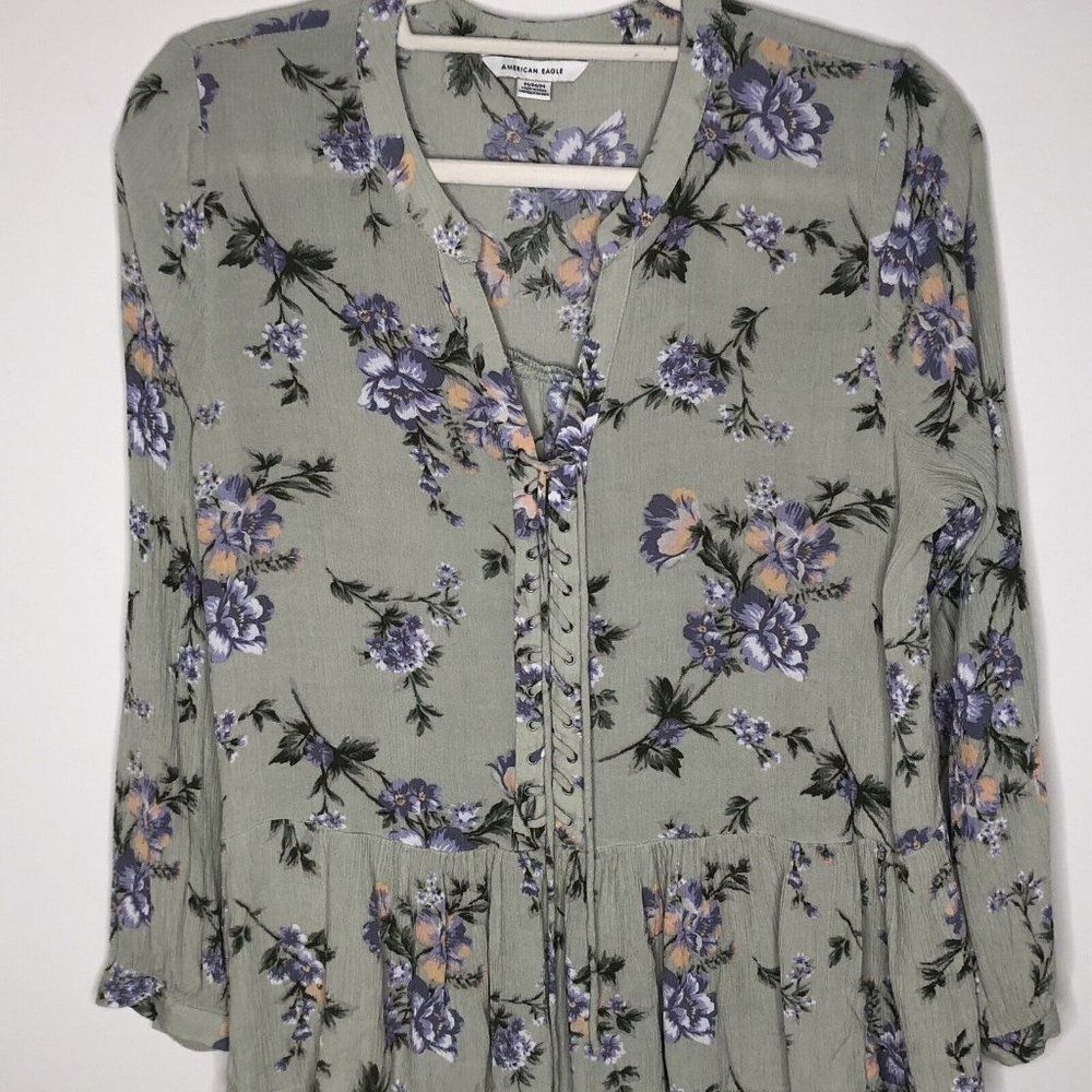 American Eagle Women’s M Floral Lace Up Tassel Peasant Boho Top Green Hippie